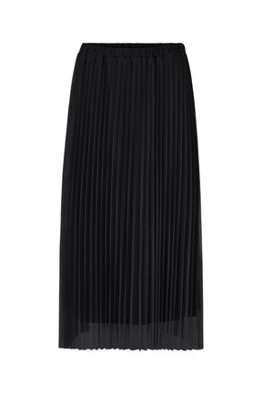 Black pleated midi skirt, lightweight fabric, elastic waistband, layered design, and smooth texture with a subtle sheen.