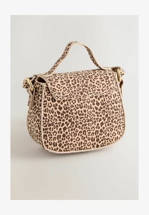 Tasje met luipaardmotief, gestructureerde vorm, van zacht leer met gouden accenten en een bovenhandvat. Voorzien van een omklapbare flapsluiting.