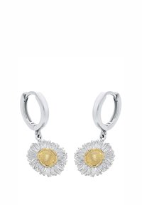 Pendientes de aro plateados con charms de girasoles colgantes que presentan centros dorados texturizados y pétalos plateados detallados.