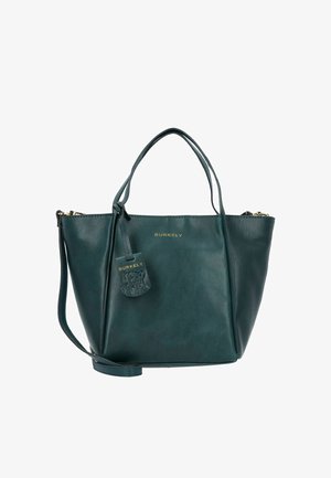 Groene leren handtas met twee handvatten en een afneembare schouderriem. Voorzien van een gouden logo en een bijbehorende decoratieve label.
