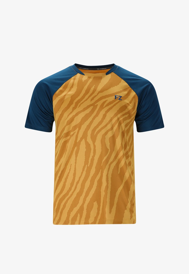 Lyhythihainen urheilupaita, jossa on keltainen pohja ja tiikeriraidat, siniset raglanhihat ja pieni "FZ"-logo.