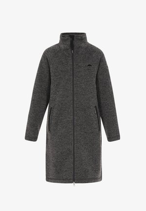 Langer, dunkelgrauer Fleece-Mantel mit hohem Kragen, Frontreißverschluss und seitlichen Taschen. Verfügt über einen strukturierten Stoff und ein Logo auf der Brust.