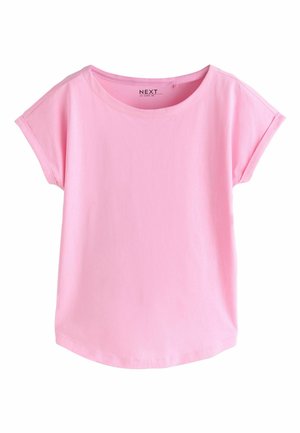 Różowa, jasnoróżowa koszulka z krótkim rękawem i okrągłym dekoltem, wykonana z bawełny o luźnym kroju i prostym dole. Brak widocznych wzorów ani akcentów.