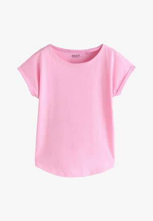 Short-sleeve, round-neck, light pink cotton t-shirt with a relaxed fit and straight hem. No visible patterns or accents.