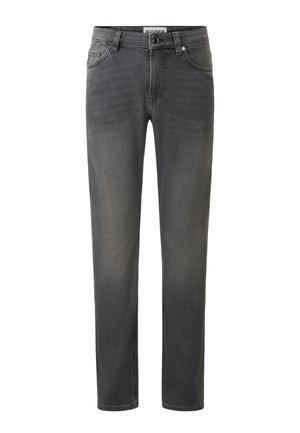Graue Jeans aus Denim mit geradem Bein, Fünf-Taschen-Stil, sichtbaren Nähten und einem Knopfverschluss am Bund.