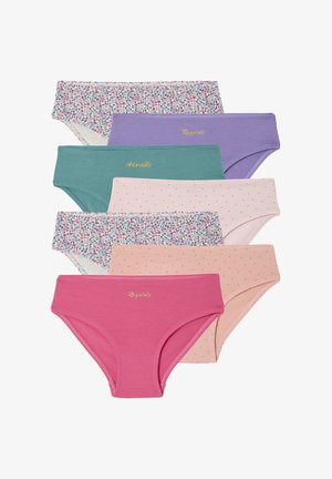 Seven pairs of cotton underwear in various colors: floral, green, lavender, pink with dots, solid pink, and a bright pink pair with golden text.