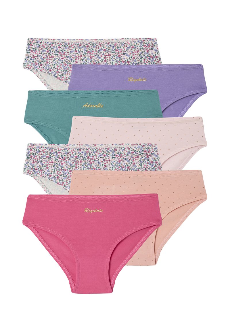 Sieben Paare Baumwollunterwäsche in verschiedenen Farben: floral, grün, lavendel, pink mit Punkten, einfarbig pink und ein leuchtend pinkes Paar mit goldenem Text.