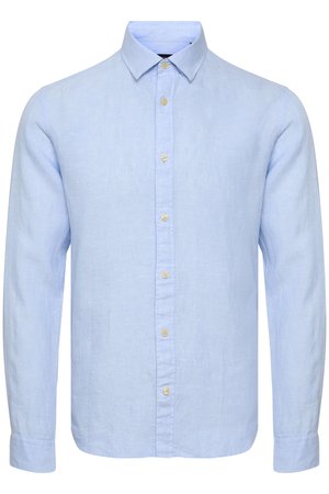 Svijetloplava lanena košulja s dugim rukavima, s ovratnikom na dugmad i pet dugmadi sprijeda. Ima glatku teksturu i standardni dizajn manžeta.