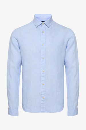 Heledad sinine linane pikkade varrukatega särk nööpkaelusega ja viie esise nööbiga. Omab siledat tekstuuri ja tavapärast manseti disaini.