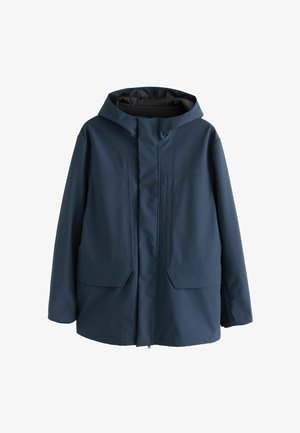 Navy waterproof jacket with a hood, featuring a full front zipper, two large front pockets, and a smooth, matte texture.