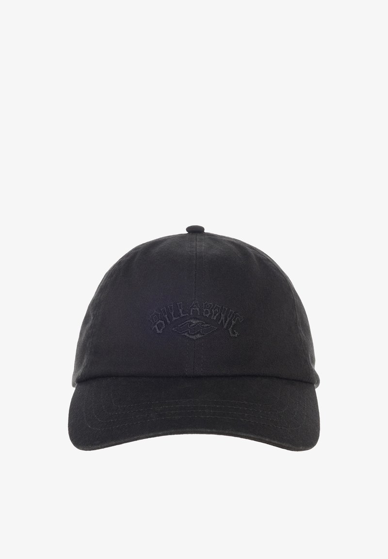 Black baseball cap made of cotton with curved visor. Features embossed "Billabong" logo and wave detail on the front.
