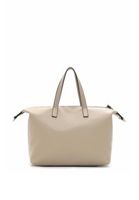 Beige Lederhandtasche mit texturierter Oberfläche, zwei Schultergriffen und einem kontrastierenden schwarzen Rand entlang der Öffnung und der Riemen. Mit Reißverschluss.