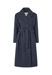Wollmischungs-Mantel in dunkelblau mit Fischgrätenmuster, Reverskragen, vorderem Bindegürtel und langen Ärmeln. Verfügt über zwei seitliche Taschen.