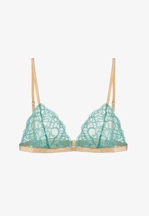 Sujetador de encaje en aguamarina con un patrón floral, con tirantes y banda inferior en tono dorado. Textura suave y transparente con forma triangular.