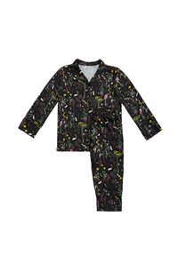 Black pajama set featuring long sleeves and pants, adorned with colorful floral patterns, made of soft fabric with a relaxed fit.