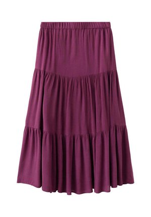 Falda morada de longitud media y con volantes en capas, con cintura elástica y tejido fruncido que crea un diseño fluido y con volantes.