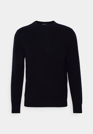 Mörk marinblå rundhalsad tröja med lång ärm, tillverkad av mjukt material. Har en slät yta och en klassisk passform, utan synliga mönster eller detaljer.