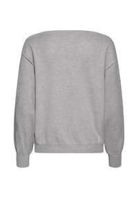 Heled halli pika varrukaga ümmarguse kaelusega sviiter, millel on soonikkoes mansetid ja äär, nähtud tagantpoolt valge taustaga.