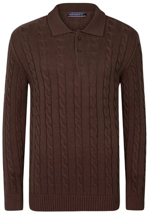 Brauner gestrickter Polopullover mit einem Kabelmuster, ausgestattet mit einem Kragen und einer Knopfleiste mit drei Knöpfen, hergestellt aus strukturiertem Material.