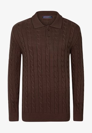 Brown knitted polo sweater with a cable pattern, featuring a collar and three-button placket, made from textured fabric.