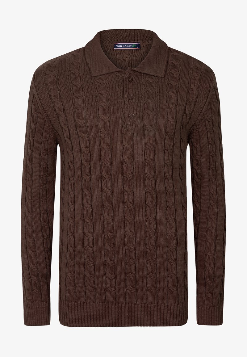 Brown knitted polo sweater with a cable pattern, featuring a collar and three-button placket, made from textured fabric.