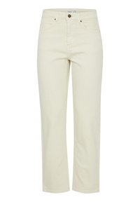 Jeans rectos de algodón color beige con un diseño clásico de cinco bolsillos, que cuentan con un cierre de botón y cremallera, y trabillas para el cinturón.
