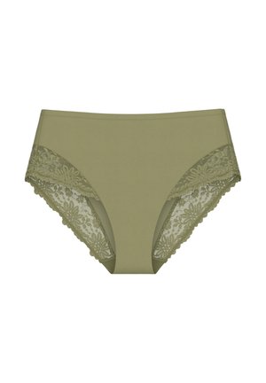 Oliwkowe majtki z koronkową lamówką po bokach, ozdobione kwiatowymi wzorami. Gładka tkanina, pełne krycie i elastyczny pas na talii.