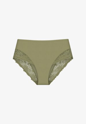 Olijfgroene slip met kanten bies aan de zijkanten, met bloemenpatronen. Glad stof met een ontwerp dat volledige bedekking biedt en een rekbare taille.