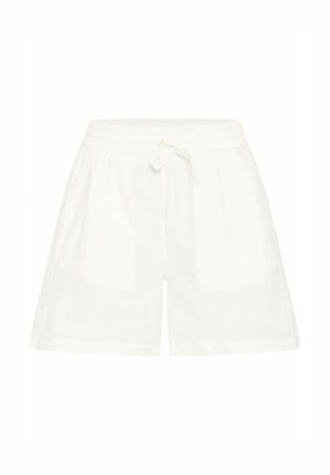 Witte linnen shorts met een elastische tailleband en verstelbare trekkoord. Heeft een relaxed fit en zijzakken. Zachte textuur.