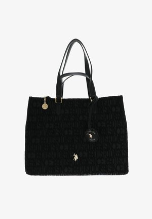 Sac fourre-tout en tissu noir avec un motif texturé, doubles poignées en cuir, ferrures dorées et une étiquette logo suspendue. Comprend un petit logo brodé.