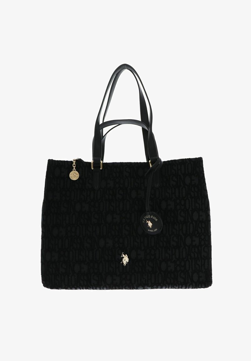 Sac fourre-tout en tissu noir avec un motif texturé, doubles poignées en cuir, ferrures dorées et une étiquette logo suspendue. Comprend un petit logo brodé.