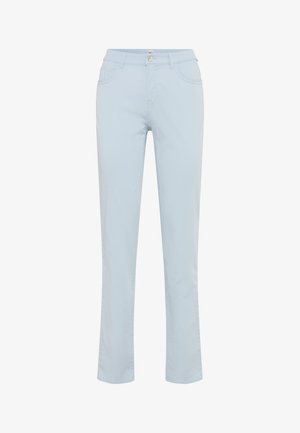 Pantalon droit bleu clair avec poches avant, passants de ceinture et fermeture par bouton à la taille.