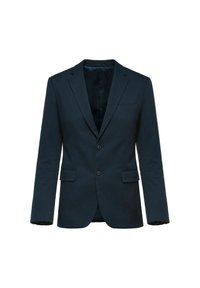 Granatowa marynarka z dwoma guzikami, klapami o wcięciu i jedną kieszenią na piersi. Wykonana z teksturowanej tkaniny z gładką podszewką.