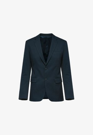 Granatowa marynarka z dwoma guzikami, klapami o wcięciu i jedną kieszenią na piersi. Wykonana z teksturowanej tkaniny z gładką podszewką.