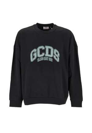 Czarna bluza z okrągłym dekoltem i długimi rękawami, z nadrukiem "GCDS Milano Italy 1988" dużymi blokowymi literami na klatce piersiowej.