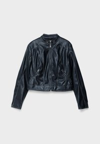 Black leather jacket with a cropped design, stand collar, and zippered pockets. Features contrasting white stitching and a smooth texture.