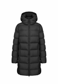 Melna pūka jaka ar kapuci, ar quilted dizainu, vertikālām sekcijām un pilnu priekšējo rāvējslēdzēju. Vidējā augstumā līdz augšstilbiem, ar elastīgām aprocēm.