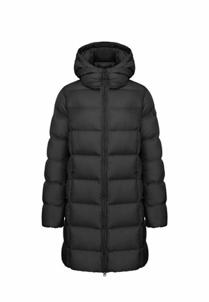 Zwarte donsjacket met een capuchon, met een gequilt ontwerp, verticale secties en een volledige rits aan de voorkant. Midden-dij lengte met elastische manchetten.