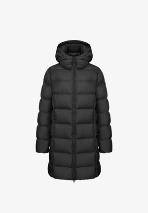 Crni puffa kaput s kapuljačom, s kviltanim dizajnom, vertikalnim sekcijama i punim prednjim patentnim zatvaračem. Duljina do sredine bedara s elastičnim manžetama.