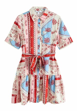 Šaty s krátkym rukávom na gombíky so zaväzovaním v páse, s motívmi námorníckeho kompasu a paisley v červenej, modrej a ružovej farbe.