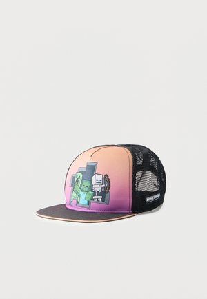 Baseballkasket med et pixeleret Minecraft-design, der viser en creeper, zombie og skelet, med sort mesh-bagstykke og flad skygge.