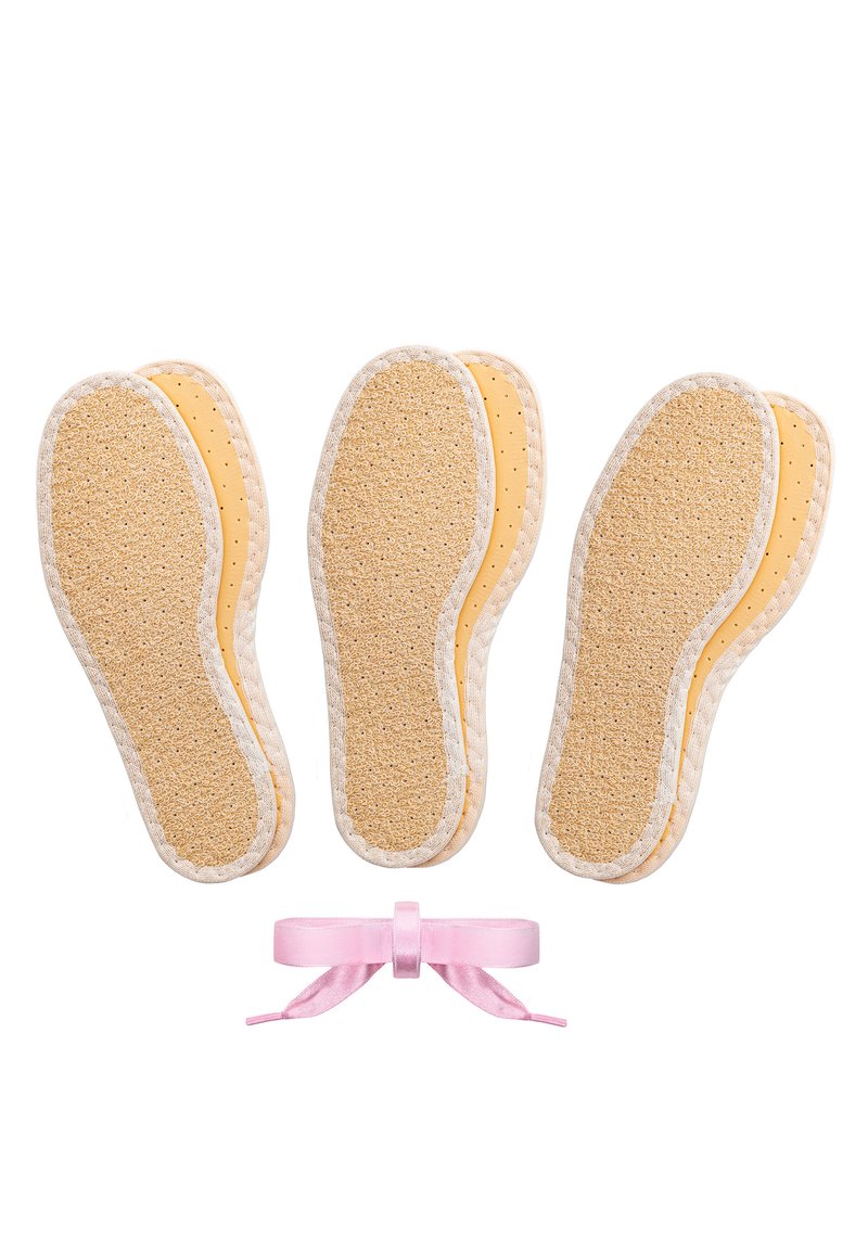Shoe insoles with a yellow padded base and textured cork surface, surrounded by white edging; includes a pink satin bow.
