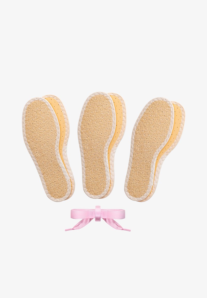 Shoe insoles with a yellow padded base and textured cork surface, surrounded by white edging; includes a pink satin bow.