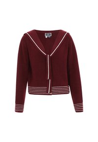 Cardigan in magenta lavorato a maglia con un ampio colletto da marinara, strisce bianche decorative sulle maniche e sull'orlo, e chiusura a lacci sul davanti.