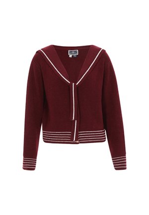 Burgundy neulecardigan, jossa on leveä merimieskaulus, valkoiset korostusraidat hihoissa ja helmassa sekä nauhakiristys edessä.