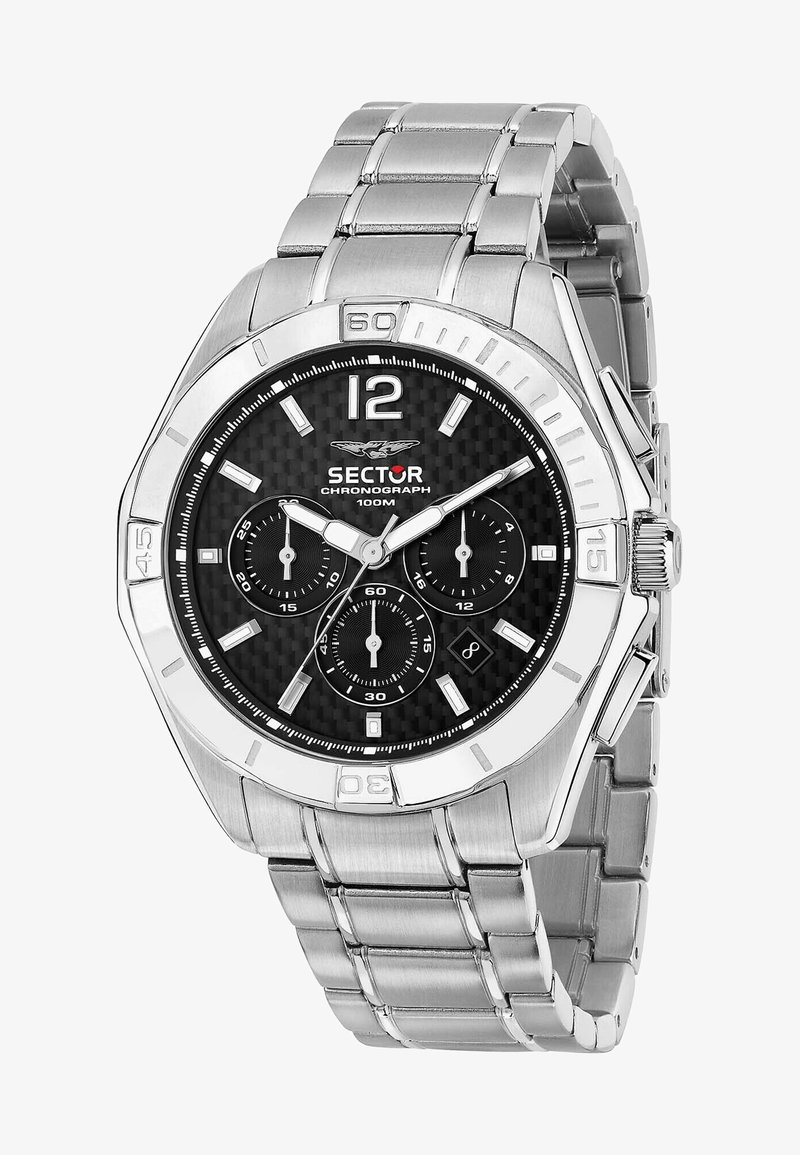Sølvmetallisk kronografur med en sort carbonfiber urskive, hvide timemarkører, sølvtrykknapper og en led-armbånd. Vandtæt op til 100m.