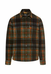 Überprüftes Flanellhemd in Dunkelgrün, Orange und Blau. Ausgestattet mit Kragen, Knopfverschluss, langen Ärmeln und Brusttasche. Weiche Textur.