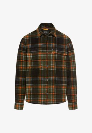 Überprüftes Flanellhemd in Dunkelgrün, Orange und Blau. Ausgestattet mit Kragen, Knopfverschluss, langen Ärmeln und Brusttasche. Weiche Textur.