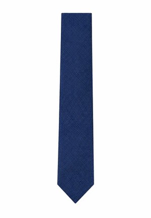 Cravatta da uomo blu navy con un motivo testurizzato sottile, mostrata distesa su sfondo bianco.