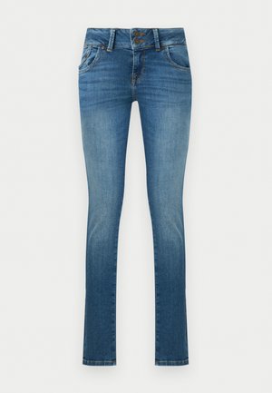 Zilas vidukļa augstuma plānas džinsu bikses ar divām priekšējām kabatām un dubultas pogas aizdari, uz stilīgi izbalējušām virsmām augšstilbos.